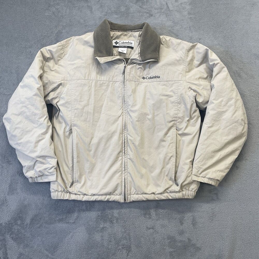 Columbia Jacket Mens Large Beige Fleece Lined Full Zip Nylon Windbreaker Outdoor